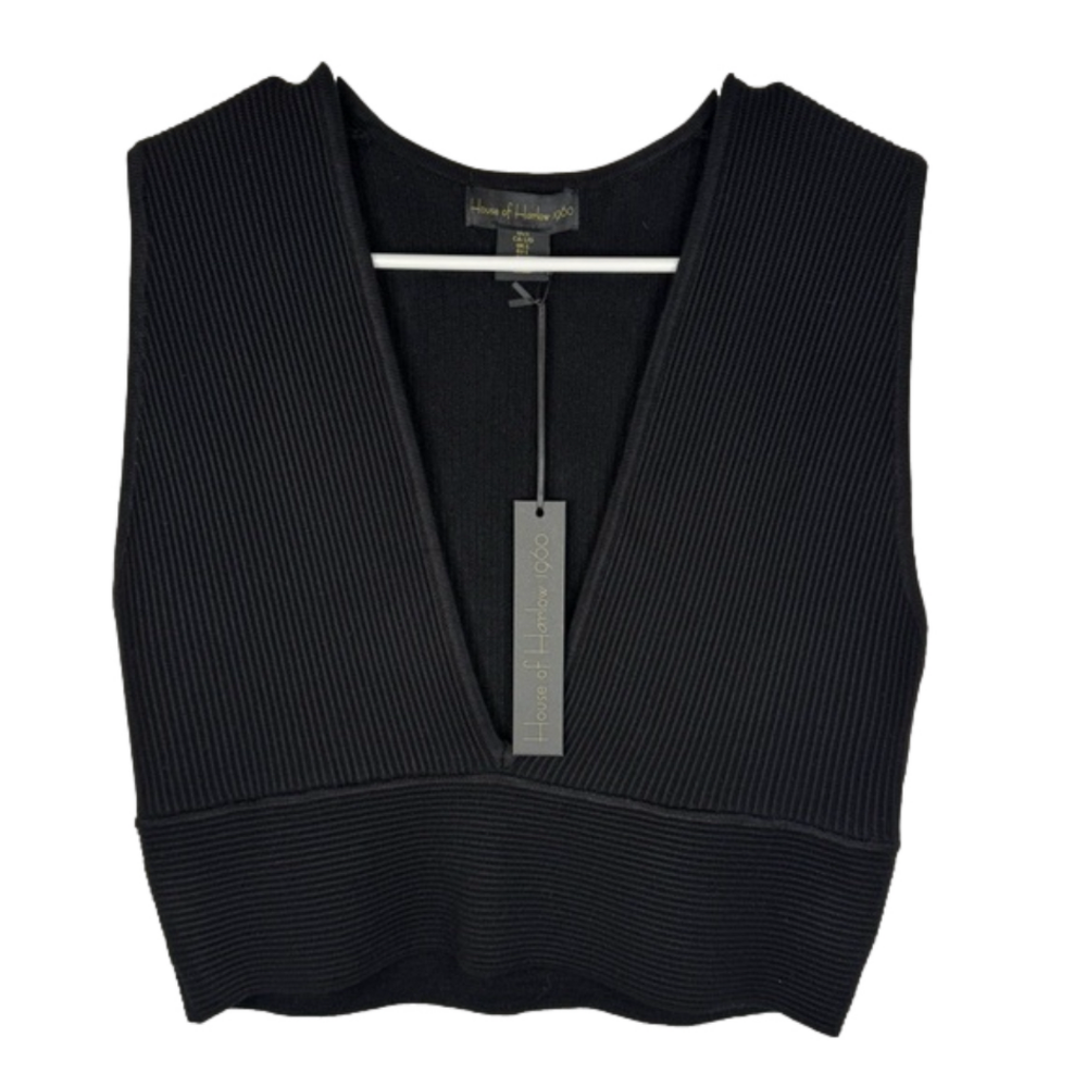 House Of Harlow 1960 Black Knit Deep V Neck Sleeveless Crop Top